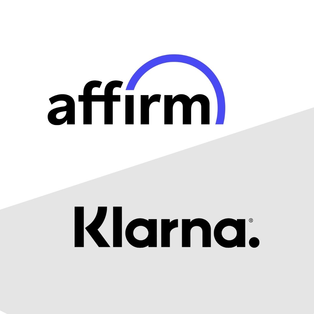 Affirm logo in black with a blue arc over the letter m on white background, Klarna logo in black with a period on light gray background.